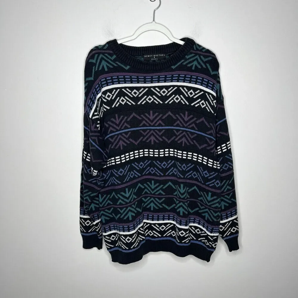 Henry Grethel Made‎ In USA Geometric Crewneck Sweater Large Grandpa 90s Vintage
